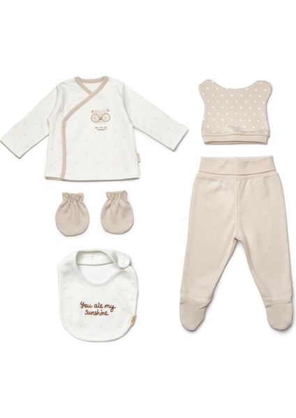 Unisex Bebek %100 Pamuk 5'li Bej “you Are My Sunshine” Hastane Çıkışı Seti - Ayıcık Baskılı