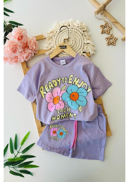 Ready Çiçek Baskılı Şortlu Kız Çocuk 2 li takım - Mor