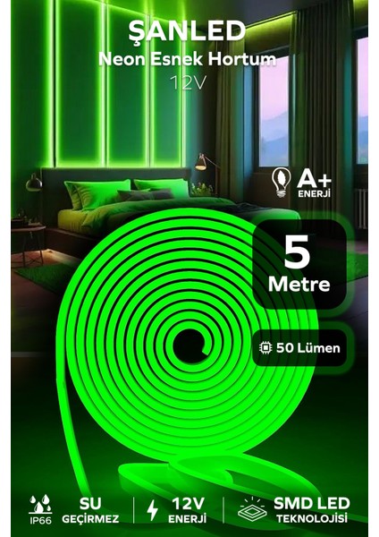 12VOLT Neon Esnek Hortum LED Beyaz ,gün Işığı,amber,mavi,kırmızı,yeşil Işık 5 Metre-Trafosuz