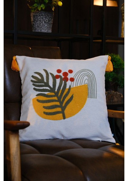 Püsküllü Bej Punch Panç Nakışlı Kırlent Kılıfı 43 x 43 cm indirimleri