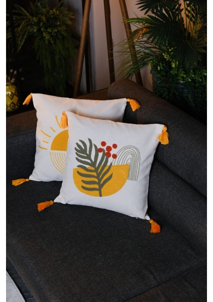 2'li Set Püsküllü Punch Panç Nakışlı Kırlent Kılıfı 001 43 x 43 cm
