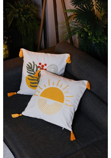 2'li Set Püsküllü Punch Panç Nakışlı Kırlent Kılıfı 001 43 x 43 cm