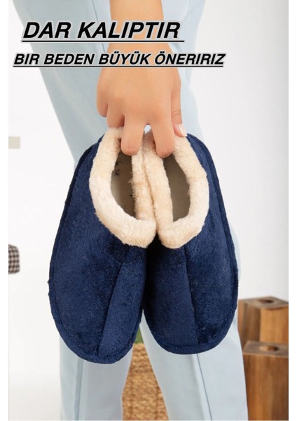Unisex Peluş Içi Yünlü Kışlık Panduf Ev Pandufu Lacivert