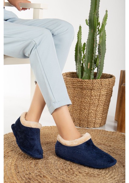 Unisex Peluş Içi Yünlü Kışlık Panduf Ev Pandufu Lacivert modelleri