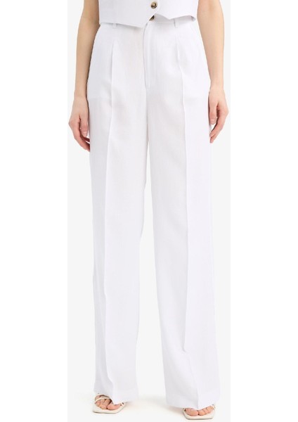 Wide Leg Keten Karışımlı Palazzo Pantolon Yüksek Bel Geniş Bol Paça Pensli Cepli A1922AX25SM