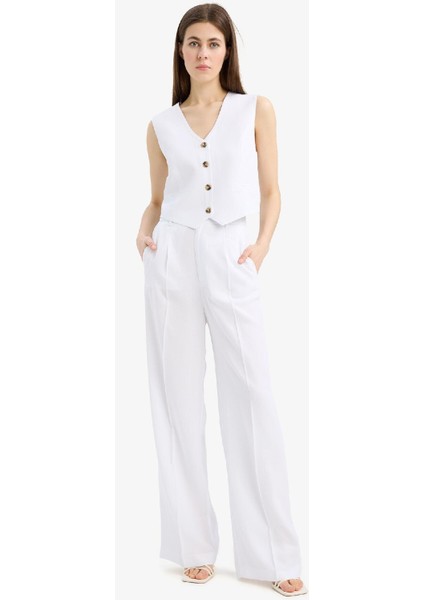 Wide Leg Keten Karışımlı Palazzo Pantolon Yüksek Bel Geniş Bol Paça Pensli Cepli A1922AX25SM fırsatları