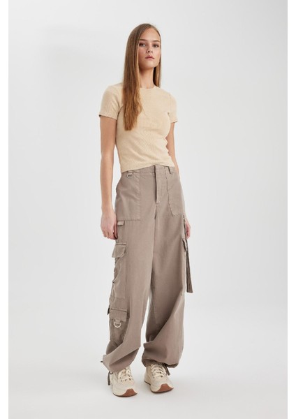 Paraşüt Gabardin Pantolon Kargo Cepli Yüksek Bel Standart Boy C1657AX24SP