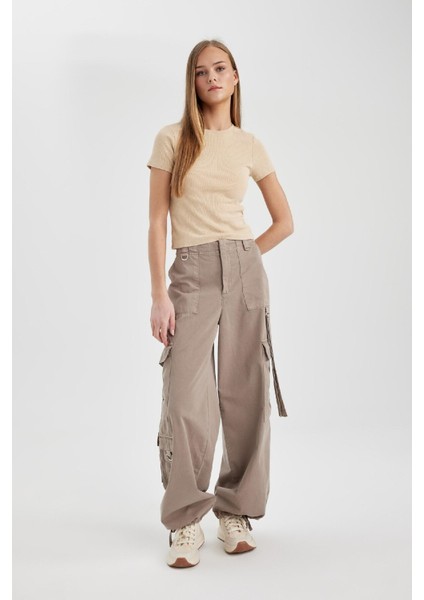 Paraşüt Gabardin Pantolon Kargo Cepli Yüksek Bel Standart Boy C1657AX24SP