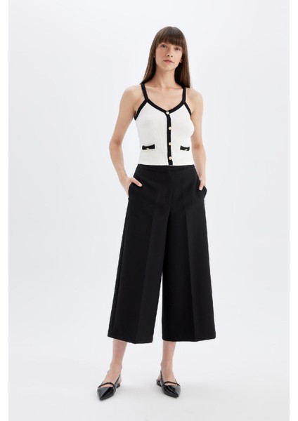 Klasik Chino Kumaş Pantolon Culotte Siyah Basic Düz Normal Bel Cepli Geniş Paça C2052AX24AU