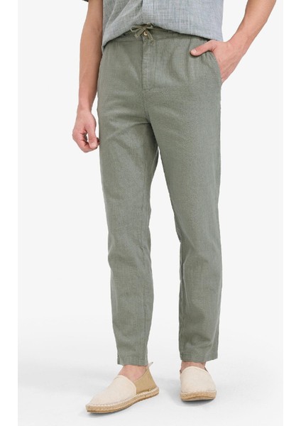%100 Pamuk Keten Görünümlü Pantolon Beli Lastikli Slim Fit Dar Kesim Cepli Düz Paça D2671AX25SM