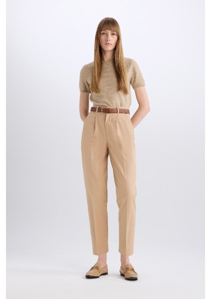 Carrot Fit Gabardin Kumaş Pantolon Kemerli Yüksek Bel Kısa Paça D2732AX24SM