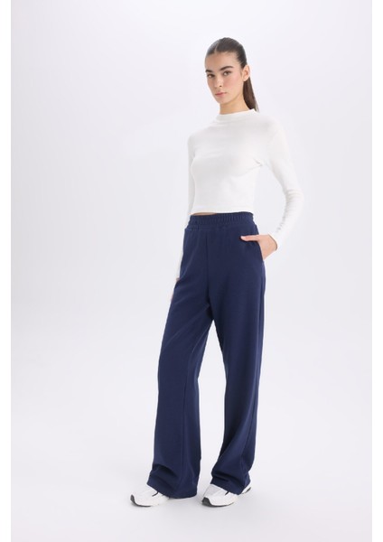 Wide Leg Geniş Paça Lacivert Eşofman Altı Beli Lastikli Cepli Basic Düz D3759AX24AU