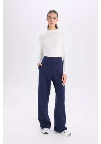 Wide Leg Geniş Paça Lacivert Eşofman Altı Beli Lastikli Cepli Basic Düz D3759AX24AU