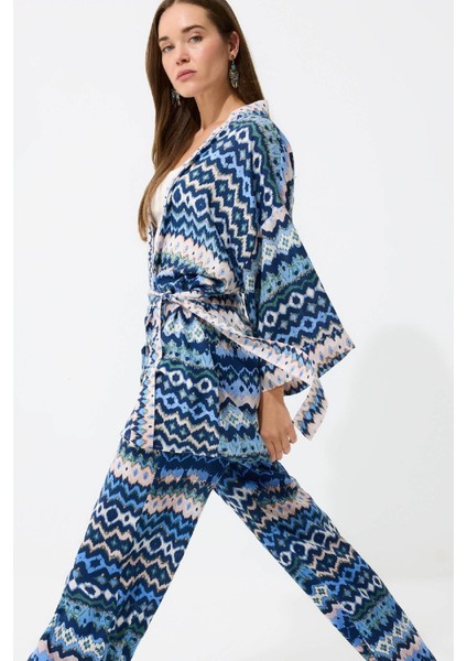 Relax Fit Desenli Kuşaklı Kimono D5443AX25SP
