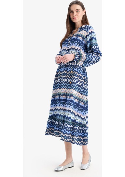 Regular Fit Desenli Bisiklet Yaka Uzun Kollu Midi Elbise D5447AX25SP