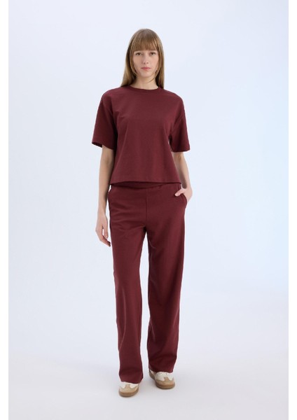 Wide Leg Geniş Paça Eşofman Altı Beli Lastikli Cepli Basic Düz Bordo D3759AX25SP