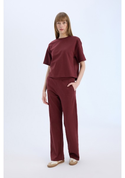 Wide Leg Geniş Paça Eşofman Altı Beli Lastikli Cepli Basic Düz Bordo D3759AX25SP