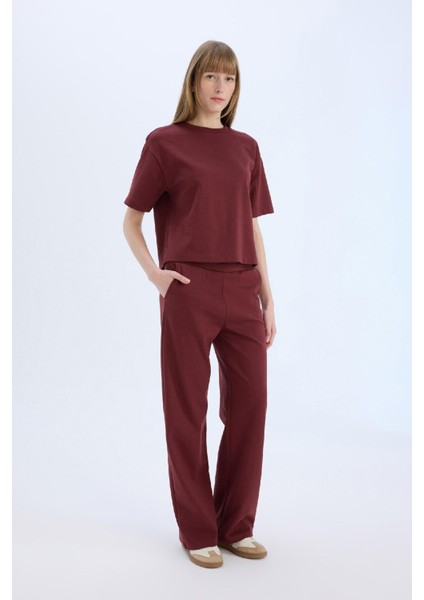 Wide Leg Geniş Paça Eşofman Altı Beli Lastikli Cepli Basic Düz Bordo D3759AX25SP