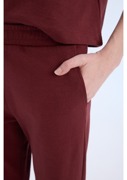 Wide Leg Geniş Paça Eşofman Altı Beli Lastikli Cepli Basic Düz Bordo D3759AX25SP