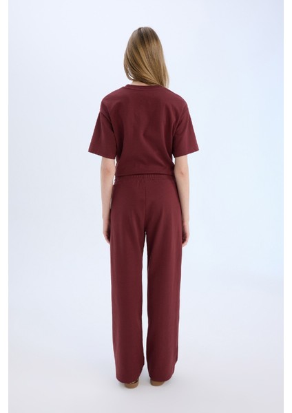Wide Leg Geniş Paça Eşofman Altı Beli Lastikli Cepli Basic Düz Bordo D3759AX25SP