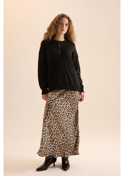 Straight Fit Normal Bel Leopar Desenli Saten Maxi Etek D6886AXNS