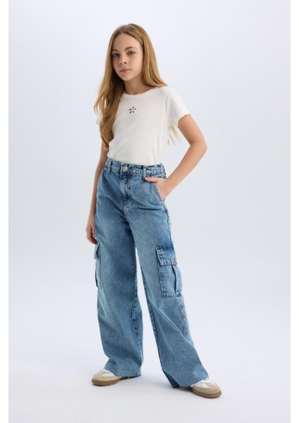 Kız Çocuk Wide Leg Kargo Geniş Bol Paça Pamuklu Jean Pantolon D7089a825sp