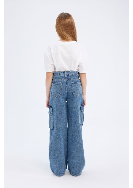Kız Çocuk Wide Leg Kargo Geniş Bol Paça Pamuklu Jean Pantolon D7091A825SM