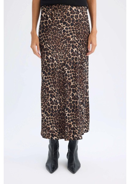 A Kesim Leopar Desenli Normal Bel Saten Midi Etek D7648AX24AU