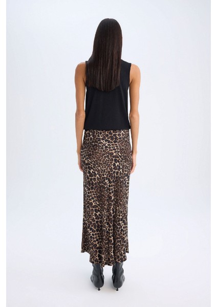 A Kesim Leopar Desenli Normal Bel Saten Midi Etek D7648AX24AU