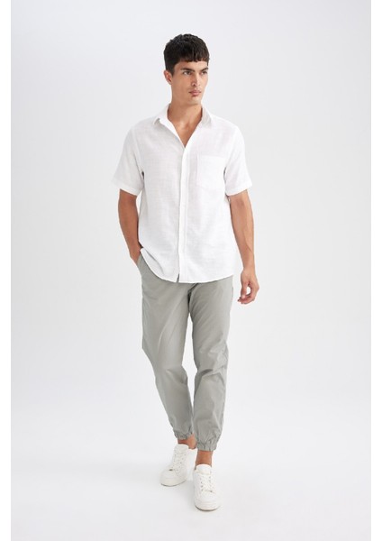 %100 Pamuk Yazlık Jogger Pantolon Basic Düz Beli Bağcıklı Cepli Lastikli Paça D7782AX24AU