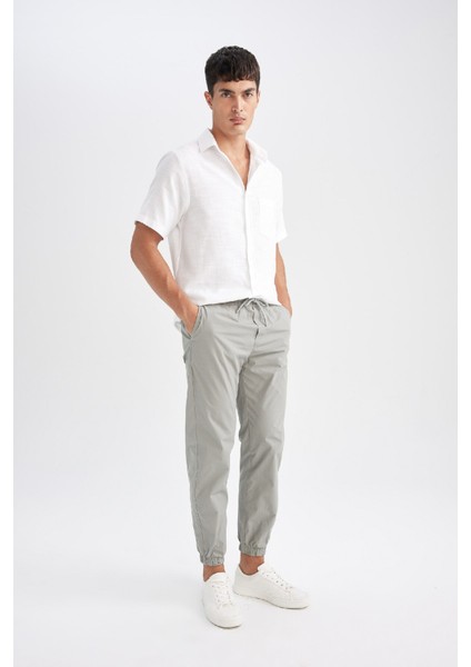 %100 Pamuk Yazlık Jogger Pantolon Basic Düz Beli Bağcıklı Cepli Lastikli Paça D7782AX24AU