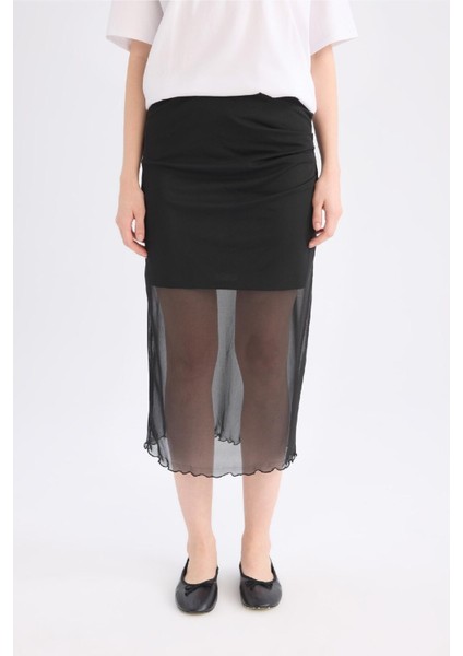 Kalem Normal Bel Drapeli Astarlı Tül Midi Etek D8744AX24AU