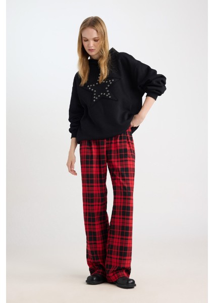 Coool Wide Leg Kareli Kumaş Pijama Pantolon Geniş Bol Paça Beli Cepli Lastikli Normal Bel D9547AX24WN