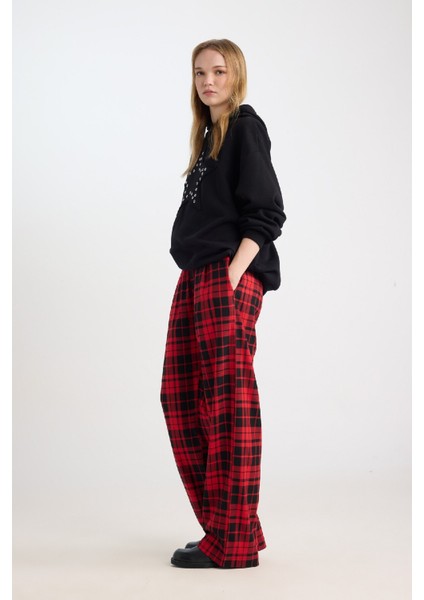 Coool Wide Leg Kareli Kumaş Pijama Pantolon Geniş Bol Paça Beli Cepli Lastikli Normal Bel D9547AX24WN