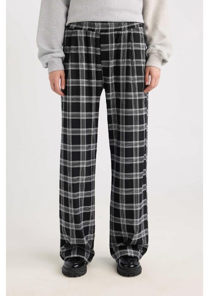 Wide Leg Kumaş Pijama Pantolon Geniş Bol Paça Kareli Normal Bel Lastikli Cepli D9548AX24WN