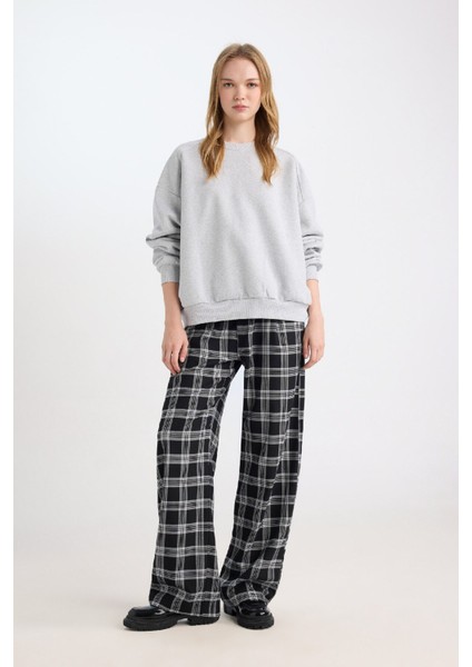 Wide Leg Kumaş Pijama Pantolon Geniş Bol Paça Kareli Normal Bel Lastikli Cepli D9548AX24WN