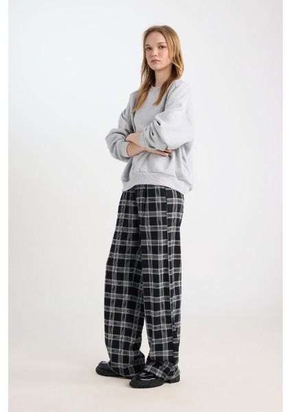 Wide Leg Kumaş Pijama Pantolon Geniş Bol Paça Kareli Normal Bel Lastikli Cepli D9548AX24WN