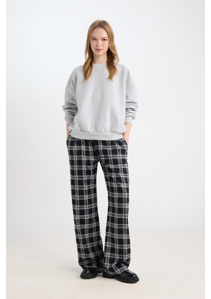Wide Leg Kumaş Pijama Pantolon Geniş Bol Paça Kareli Normal Bel Lastikli Cepli D9548AX24WN