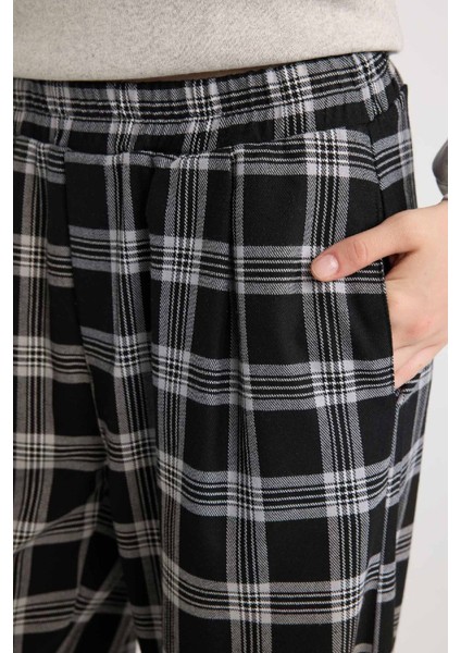 Wide Leg Kumaş Pijama Pantolon Geniş Bol Paça Kareli Normal Bel Lastikli Cepli D9548AX24WN