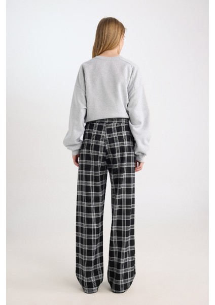 Wide Leg Kumaş Pijama Pantolon Geniş Bol Paça Kareli Normal Bel Lastikli Cepli D9548AX24WN