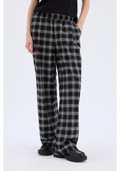 Wide Leg Kumaş Pijama Pantolon Geniş Bol Paça Kareli Normal Bel Lastikli Cepli D9548AX25SP