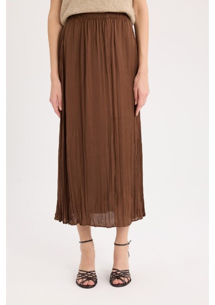 A Kesim Yüksek Bel Saten Midi Etek E3348AX24WN