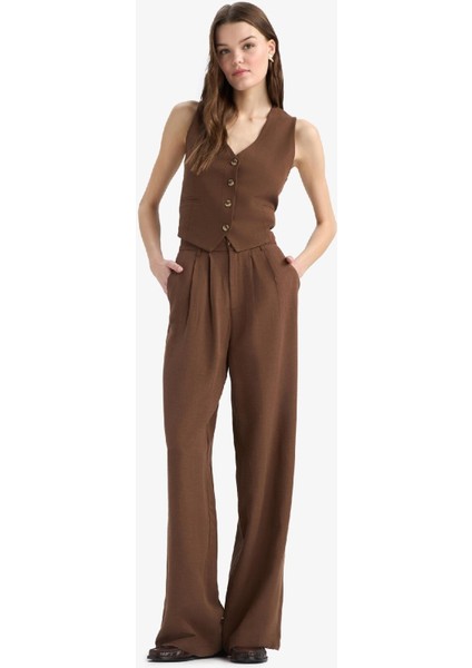 Wide Leg Fermuarlı Normal Bel Standart Boy Geniş Paça Keten Karışımlı Palazzo Pantolon E6210AX25SP
