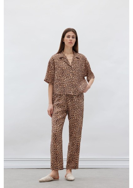 Carrot Fit Leopar Desenli Modal Kumaş Pantolon Çift Cepli Yüksek Bel Düz Paça E6360AX25SP