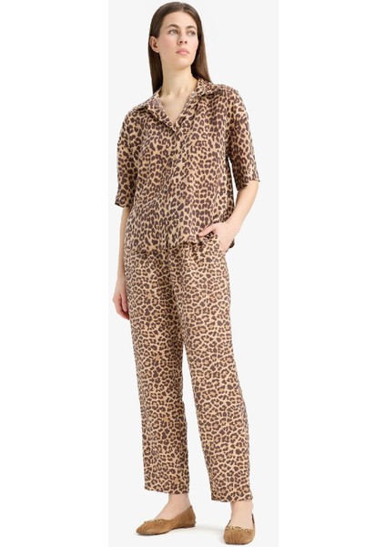 Carrot Fit Leopar Desenli Modal Kumaş Pantolon Çift Cepli Yüksek Bel Düz Paça E6360AX25SP