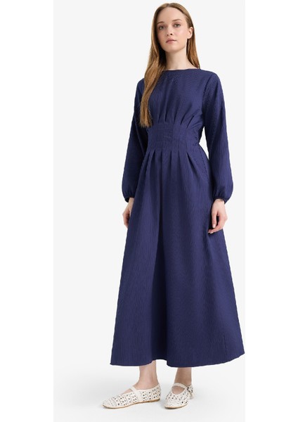 Regular Fit Bisiklet Yaka Uzun Kollu Maxi Elbise F2728AX25SP