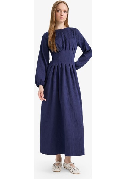 Regular Fit Bisiklet Yaka Uzun Kollu Maxi Elbise F2728AX25SP