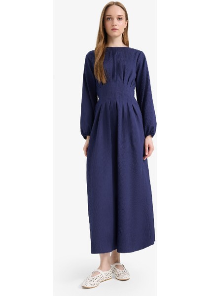 Regular Fit Bisiklet Yaka Uzun Kollu Maxi Elbise F2728AX25SP