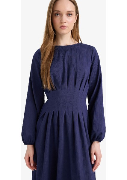 Regular Fit Bisiklet Yaka Uzun Kollu Maxi Elbise F2728AX25SP