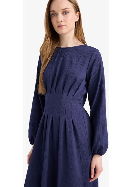 Regular Fit Bisiklet Yaka Uzun Kollu Maxi Elbise F2728AX25SP